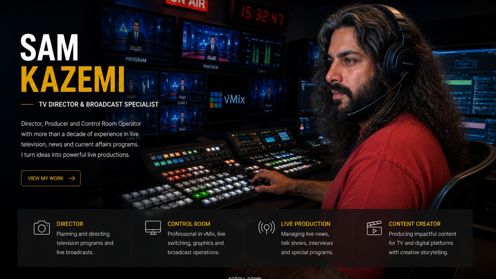Sam Kazemi wearing a broadcast headset inside a television control room